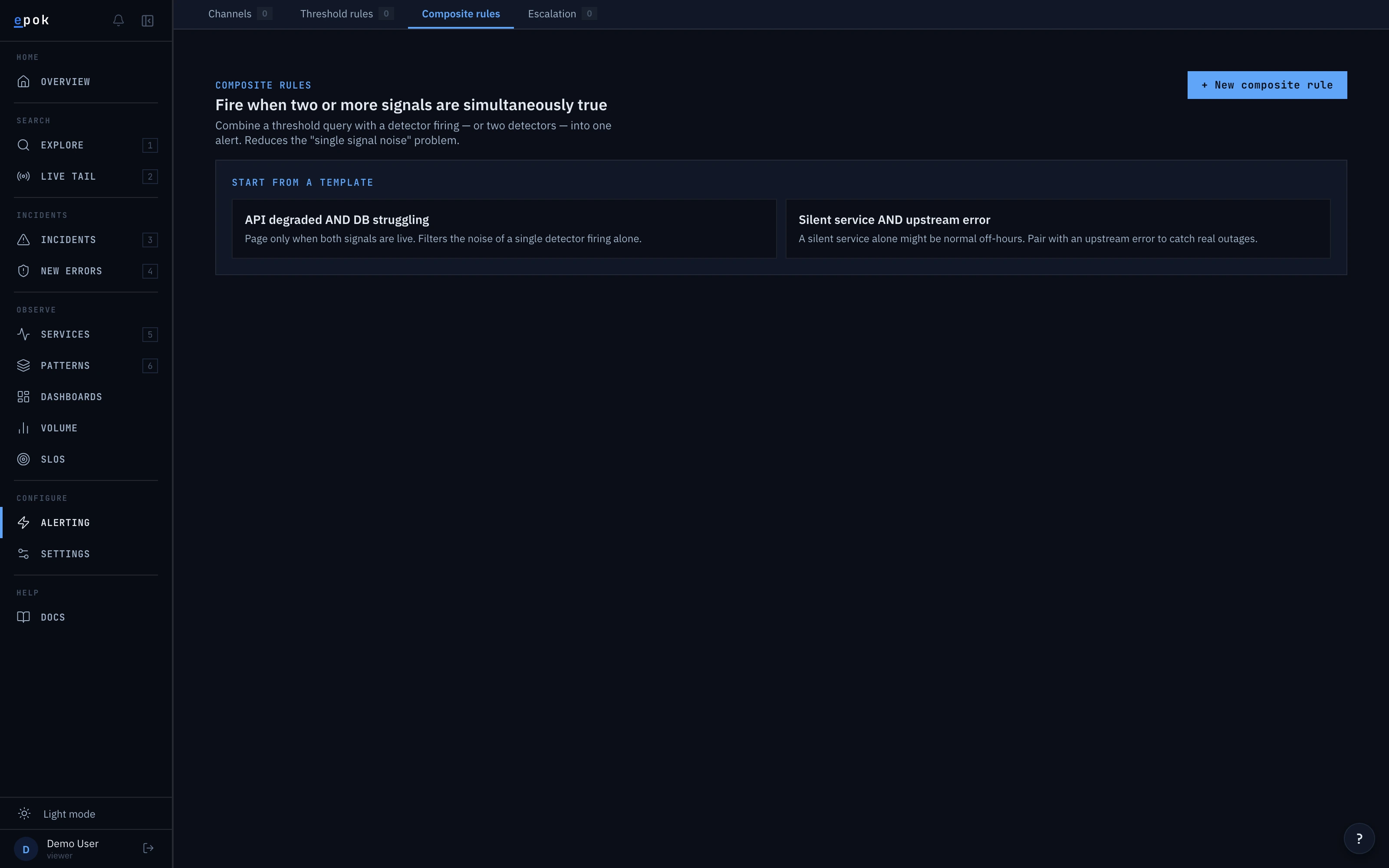 Composite rules tab — empty state with two starter templates: API degraded AND DB struggling, and Silent service AND upstream error