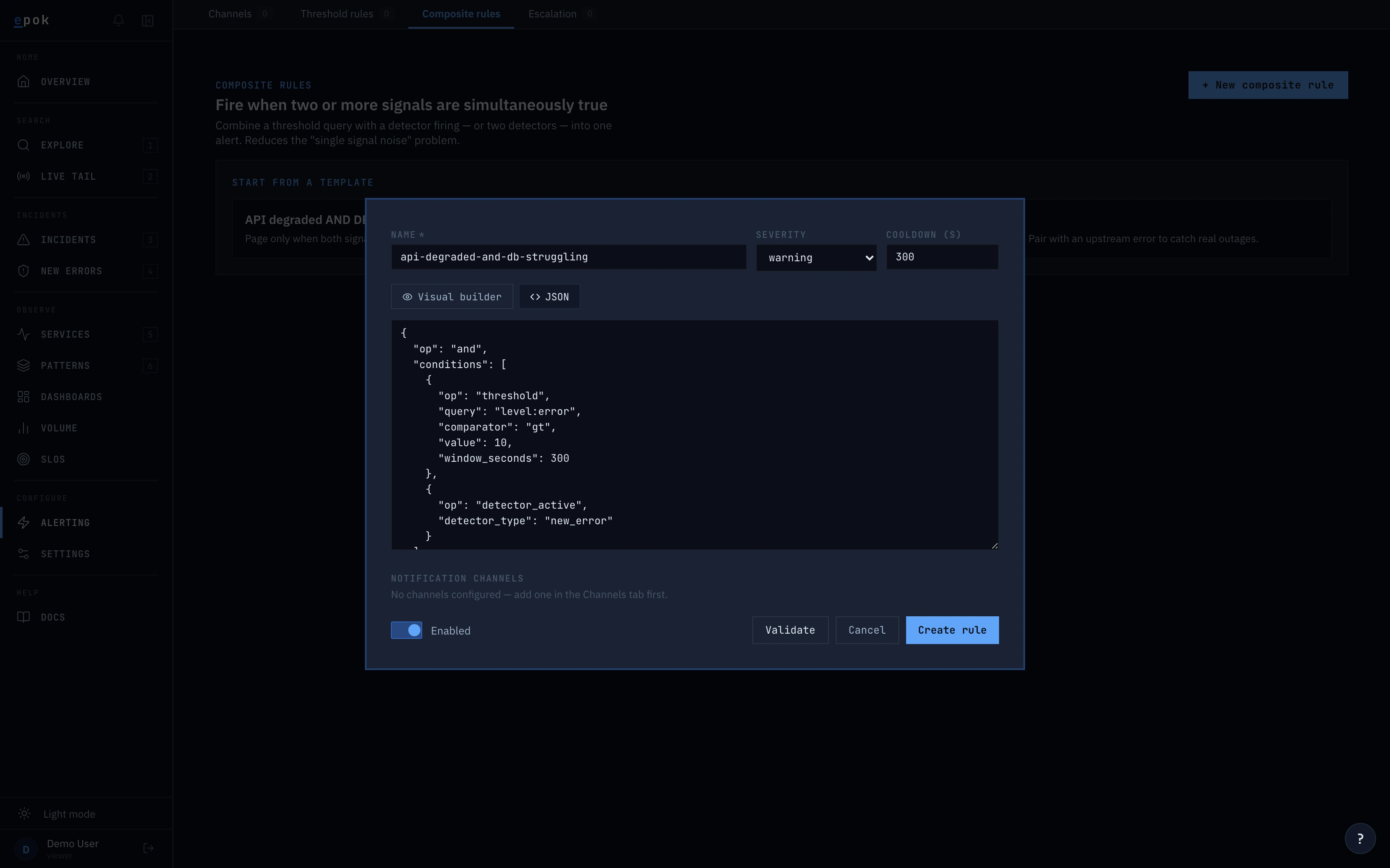 Composite rule JSON view — the same rule rendered as the JSON the API expects, editable in place